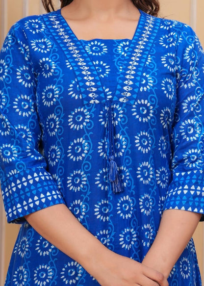 Beautiful Indigo Print Kurti with Matching Pant and Dupatta Set