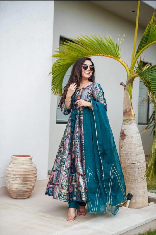 Chinon Silk Micro Digital Print With Organza Dupatta