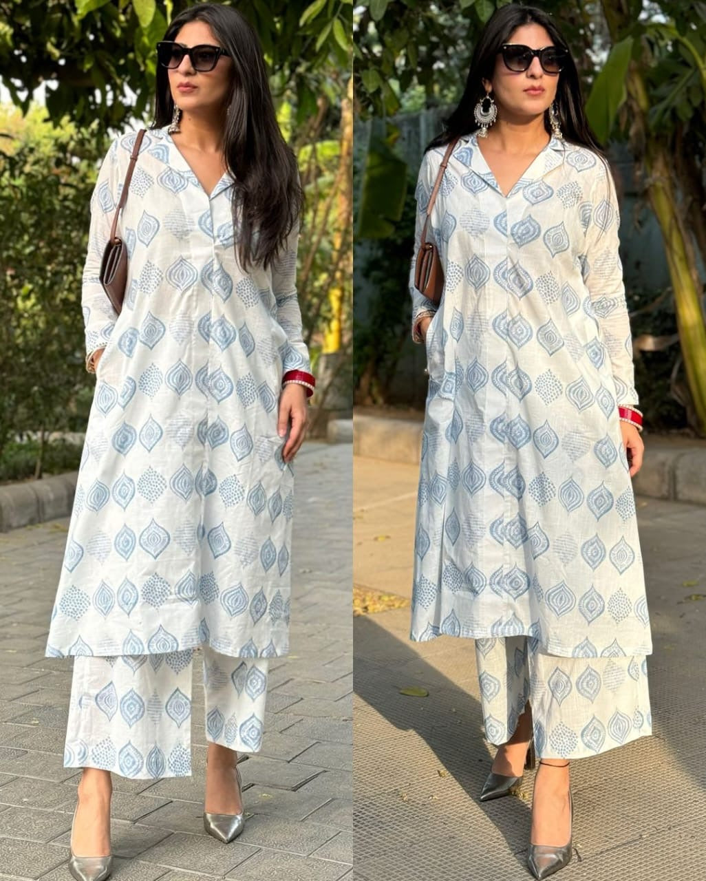 Pure Cotton A line Kurti with Stylish Collar Pattern Co-ord Set