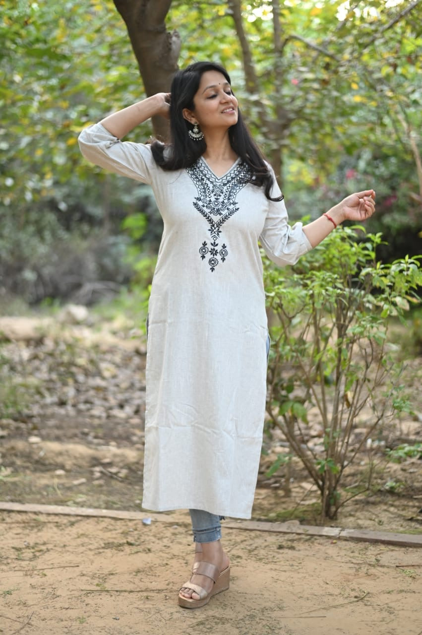 Khadi Cotton Kurti With Heavy Embroidery Set