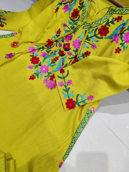 Beautiful Lemon Green Kurti With Intricate Thread Aari Work