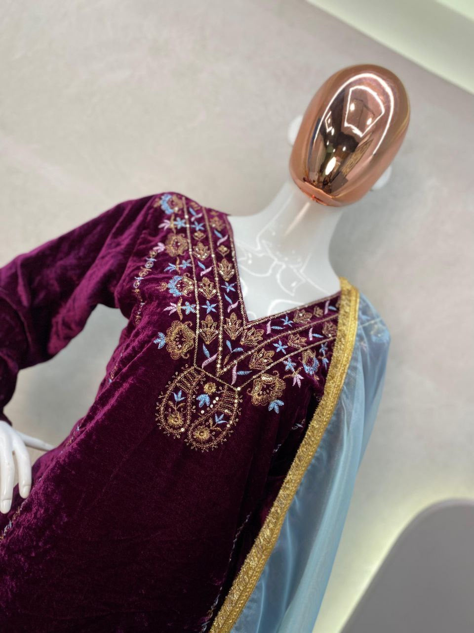 VELVET SEQUENCE EMBROIDERY WORK SUIT PANT WITH DUPATTA