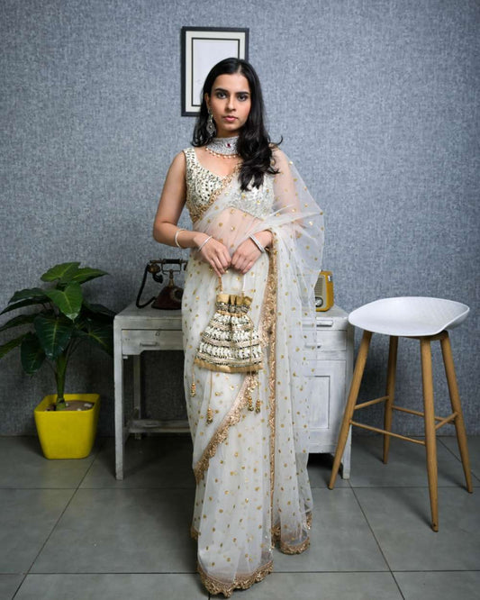 NYLONE BUTTERFLY NET WITH SEQUENCE EMBROIDERY WORK WHITE SHADES SAREE