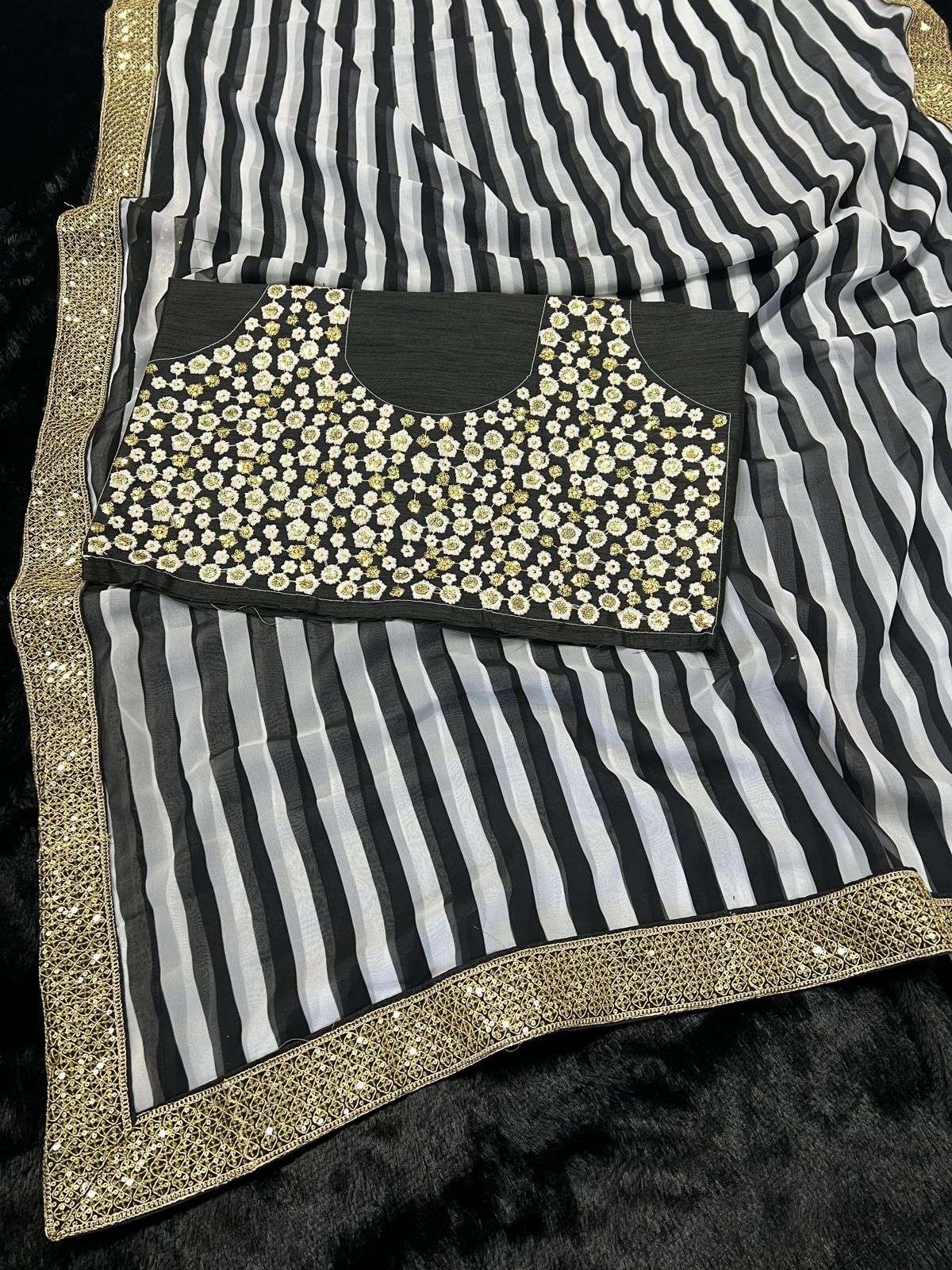 PARTY WEAR SPECIAL GEORGETTE WITH SEQUENCE WORK BORDER BLACK &amp; WHITE COLOUR SAREE