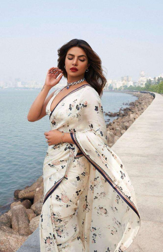 Priyanka Chopra style Japan Satin with printed white colour saree