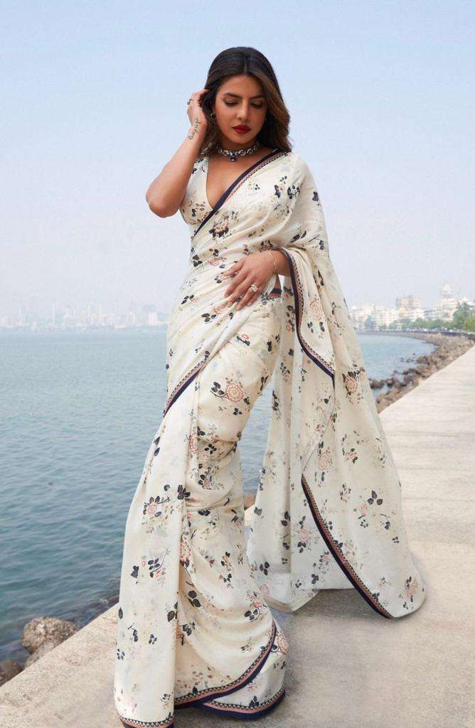 Priyanka Chopra style Japan Satin with printed white colour saree