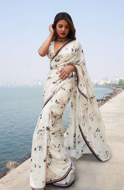 Priyanka Chopra style Japan Satin with printed white colour saree