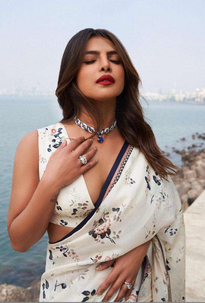 Priyanka Chopra style Japan Satin with printed white colour saree