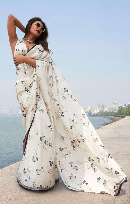 Priyanka Chopra style Japan Satin with printed white colour saree