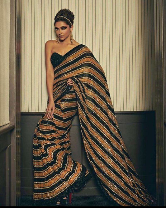 Deepika Padukone Mustard or Black Colour Slub Silk With Fancy Sequence work saree