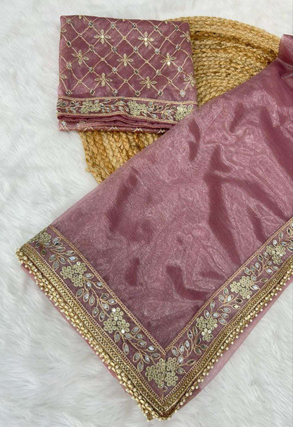 TISSUE SILK WITH EMBROIDERY WORK BORDER RICH LOOK NEW SAREE