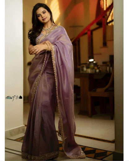 TISSUE SILK WITH EMBROIDERY WORK BORDER RICH LOOK NEW SAREE